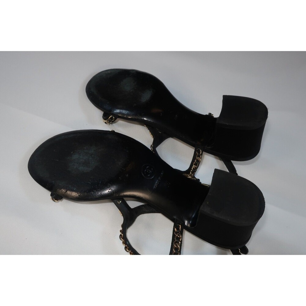 Chanel Black Lambskin Quilted Chain Sandals Pearl Heels T Strap 2022 Size 36 6 - Picture 5 of 13